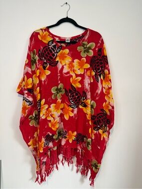 Island Planet Red Sea Turtle Hibiscus Flower Fringe Poncho Swim Cover Up OS